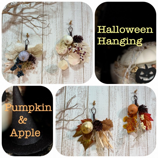 ダイソー ハンギングパンプキンとアップルのスワッグブーケ