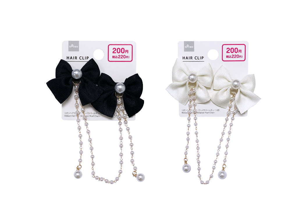 リボンヘアクリップ（フェイクパールチェーン付） ダイソー(DAISO)