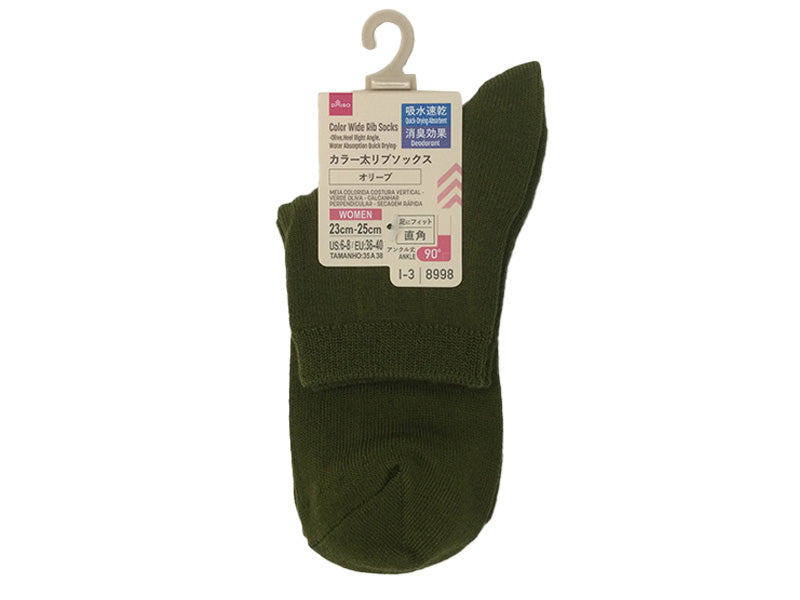 カラー太リブソックス（オリーブ、かかと直角、吸水速乾、消臭） ダイソー(DAISO)