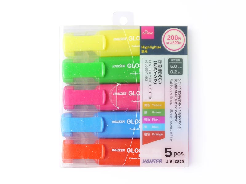平型蛍光ペン（光沢インク、５本） ダイソー(DAISO)