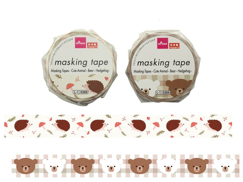 マスキングテープ（かわいい動物、くま、ハリネズミ） ダイソー(DAISO)