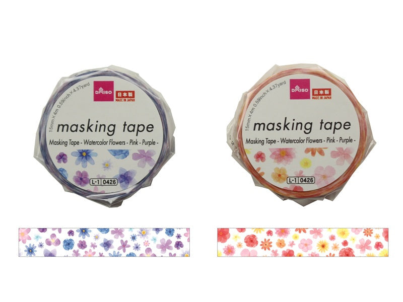 マスキングテープ（水彩のお花、ピンク、パープル） ダイソー(DAISO)