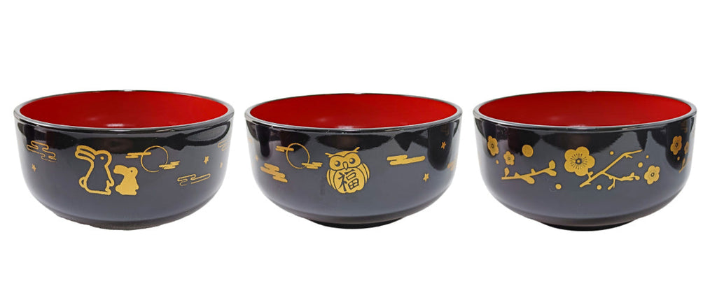 会津塗中丼（食洗機対応、黒内朱、和柄） ダイソー(DAISO)