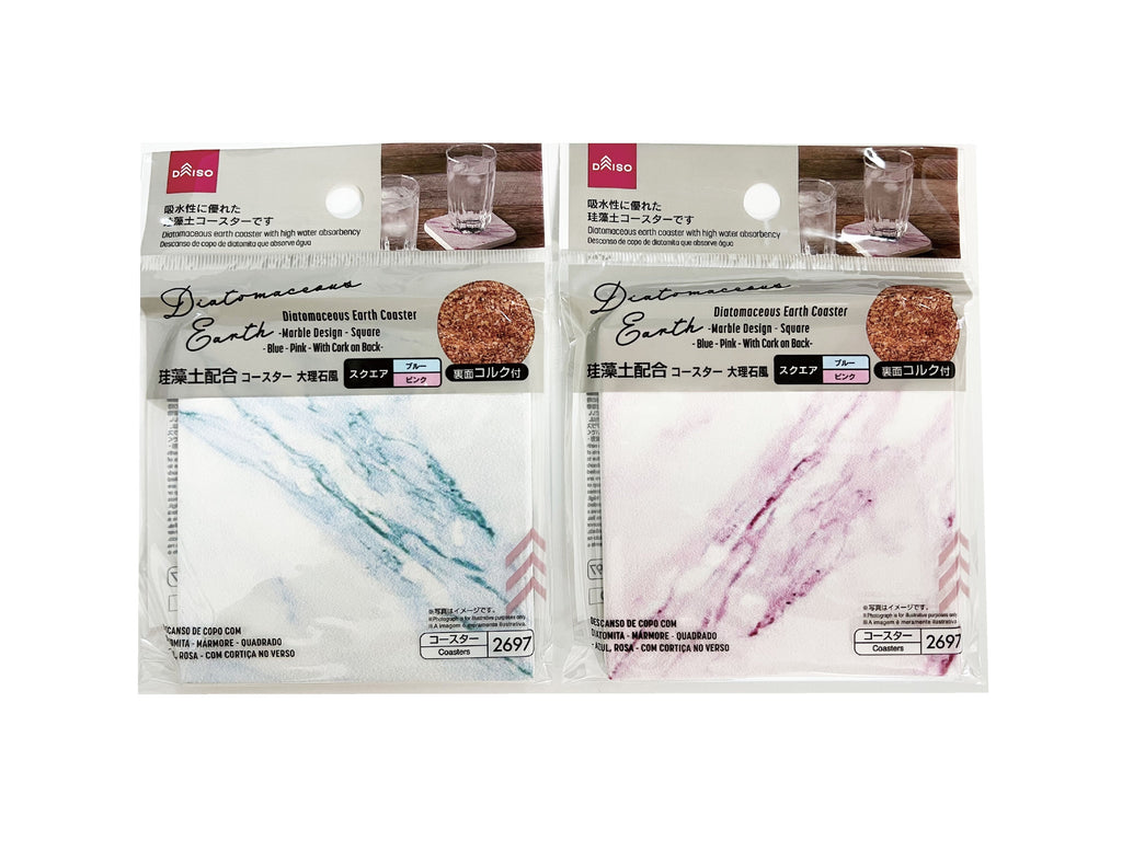 珪藻土配合コースター（大理石風、スクエア、ブルー・ピンク、裏面コルク付） ダイソー(DAISO)